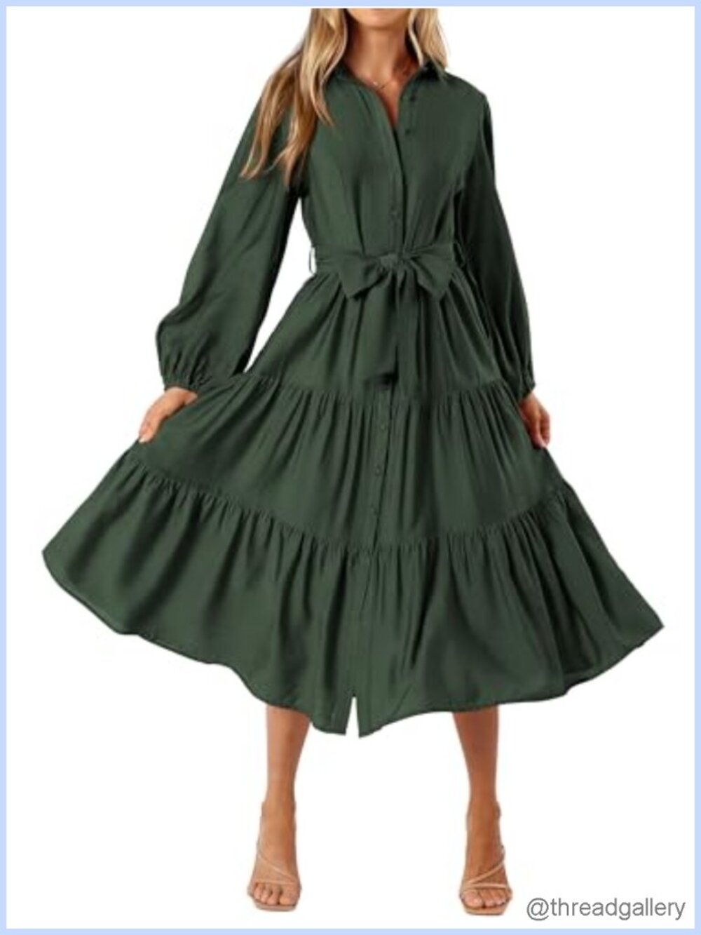 Womens Button Down Midi Dress Long Sleeve V Neck Tie Waist Flowy